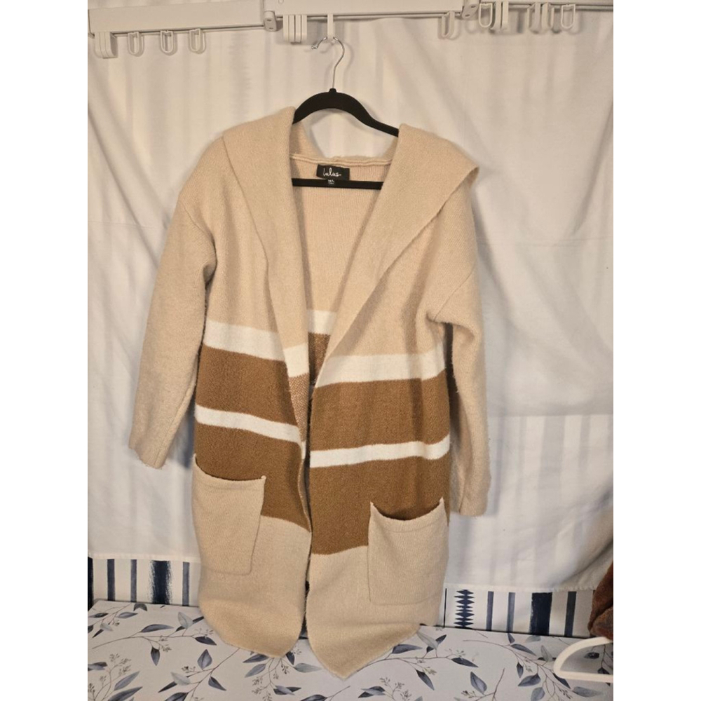 Women's Lulus Striped Hooded Cardigan Sweater M/L Beige Brown